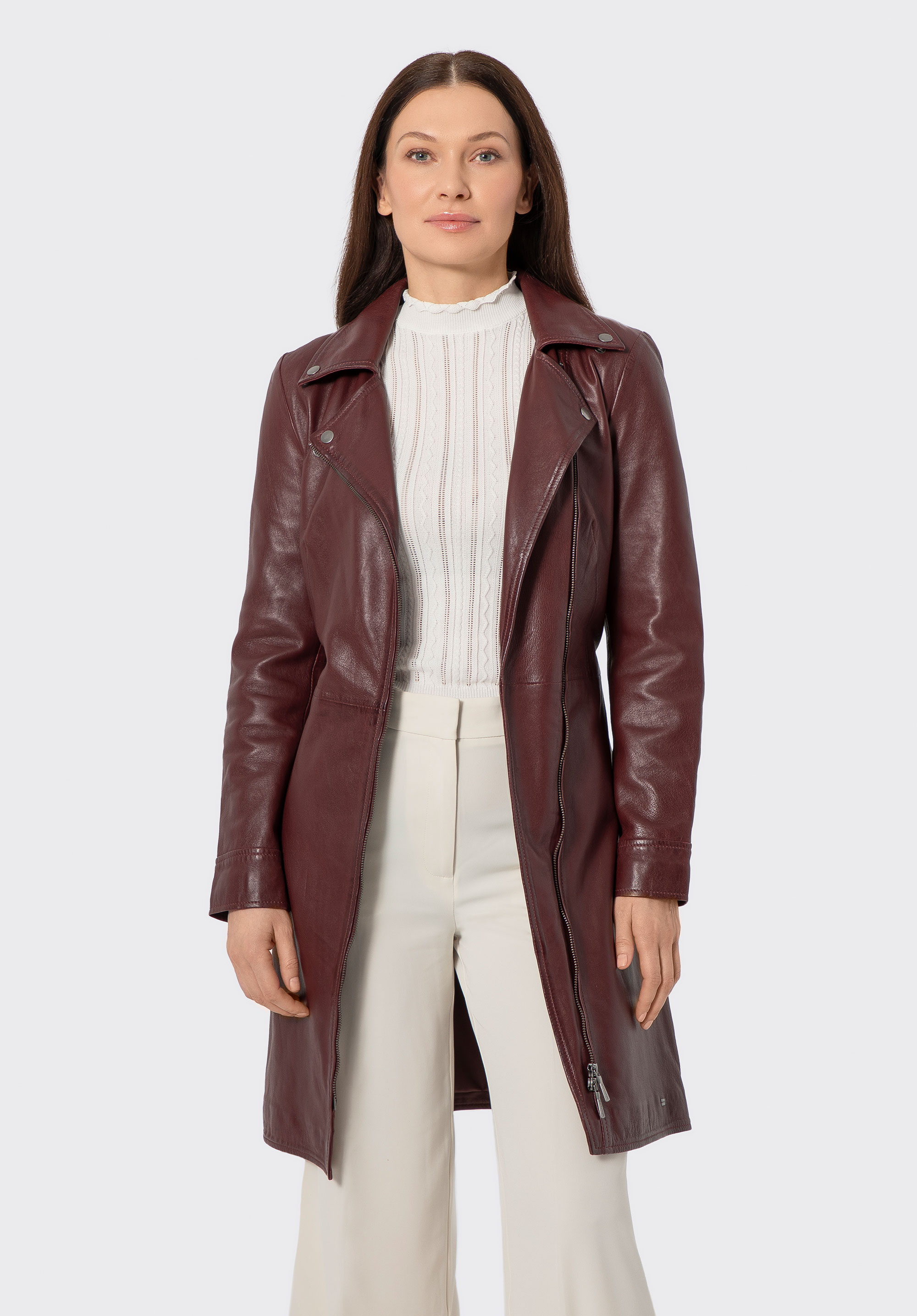 Women's leather belted coat, burgundy, 100-09-408-3-S, Photo 1