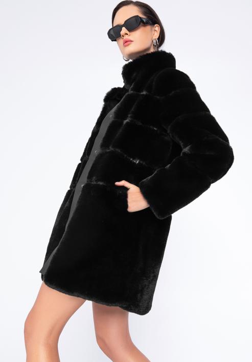Damski płaszcz ze sztucznego futra, czarny, 97-9W-000-0-S, Zdjęcie 5