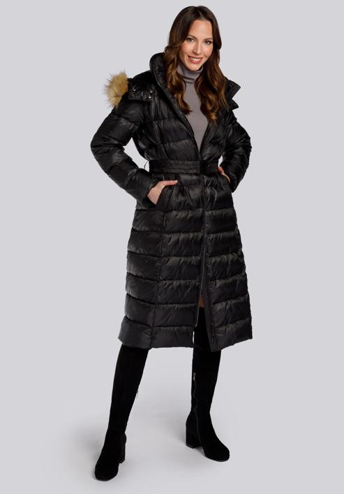 Damski płaszcz zimowy klasyczny z kapturem, czarny, 93-9D-401-5-XL, Zdjęcie 1