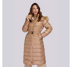 Damski płaszcz zimowy klasyczny z kapturem, beżowy, 93-9D-401-5-3XL, Zdjęcie 1
