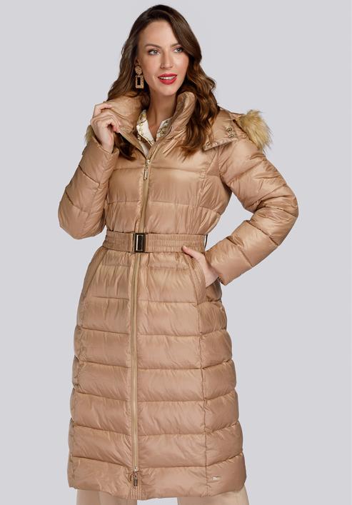 Damski płaszcz zimowy klasyczny z kapturem, beżowy, 93-9D-401-Z-2XL, Zdjęcie 1