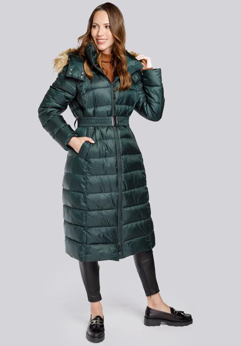 Damski płaszcz zimowy klasyczny z kapturem, zielony, 93-9D-401-1-2XL, Zdjęcie 1
