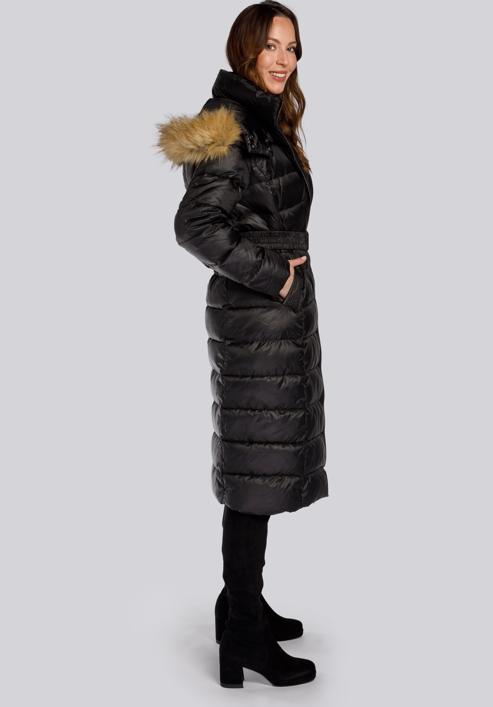 Damski płaszcz zimowy klasyczny z kapturem, czarny, 93-9D-401-1-2XL, Zdjęcie 2