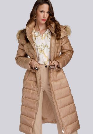 Damski płaszcz zimowy klasyczny z kapturem, beżowy, 93-9D-401-5-2XL, Zdjęcie 1