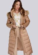 Damski płaszcz zimowy klasyczny z kapturem, beżowy, 93-9D-401-Z-2XL, Zdjęcie 2