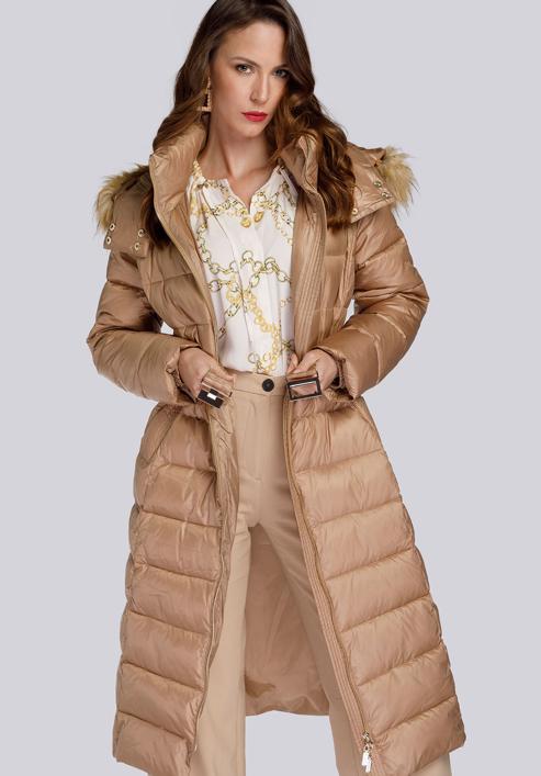 Damski płaszcz zimowy klasyczny z kapturem, beżowy, 93-9D-401-5-XL, Zdjęcie 2