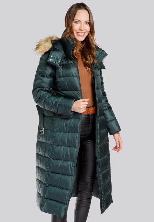 Damski płaszcz zimowy klasyczny z kapturem, zielony, 93-9D-401-1-XL, Zdjęcie 2