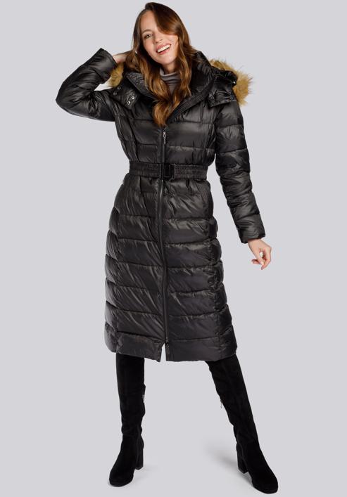 Damski płaszcz zimowy klasyczny z kapturem, czarny, 93-9D-401-1-M, Zdjęcie 3