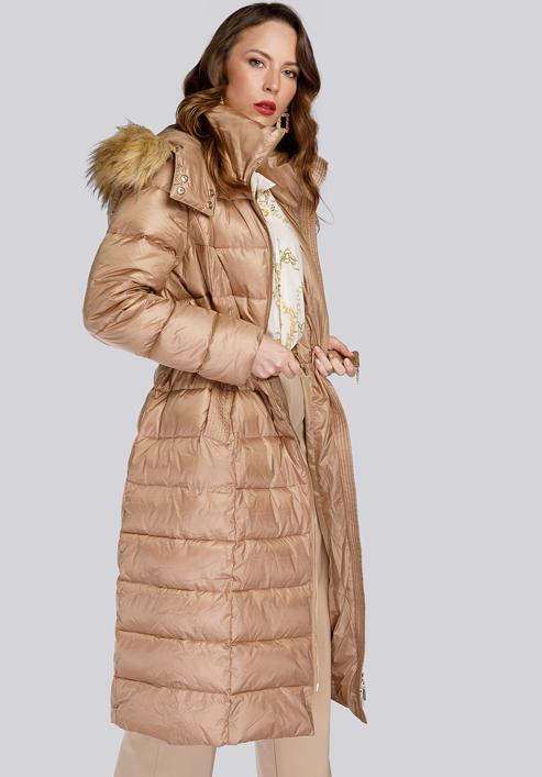 Damski płaszcz zimowy klasyczny z kapturem, beżowy, 93-9D-401-Z-2XL, Zdjęcie 3