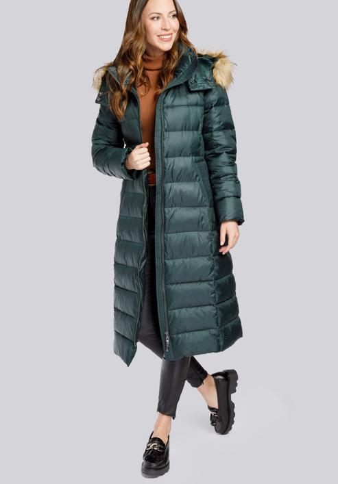 Damski płaszcz zimowy klasyczny z kapturem, zielony, 93-9D-401-1-XL, Zdjęcie 3