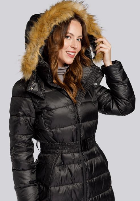 Damski płaszcz zimowy klasyczny z kapturem, czarny, 93-9D-401-1-M, Zdjęcie 4