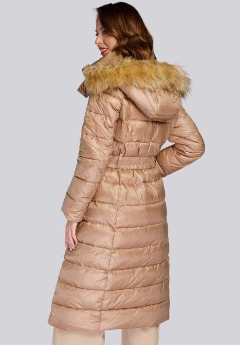 Damski płaszcz zimowy klasyczny z kapturem, beżowy, 93-9D-401-Z-2XL, Zdjęcie 4