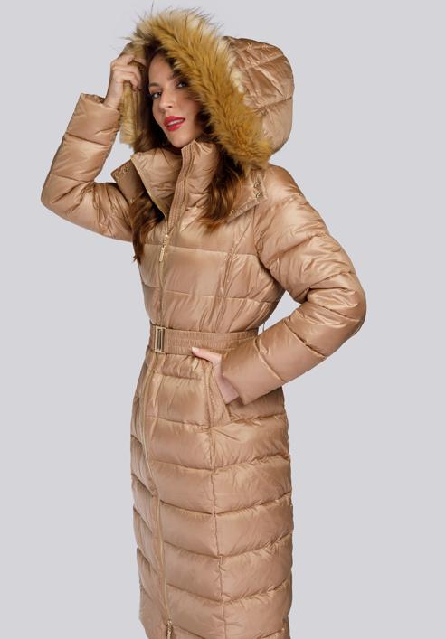 Damski płaszcz zimowy klasyczny z kapturem, beżowy, 93-9D-401-5-XL, Zdjęcie 5