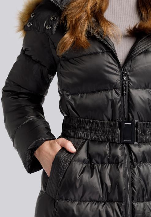 Damski płaszcz zimowy klasyczny z kapturem, czarny, 93-9D-401-1-2XL, Zdjęcie 7