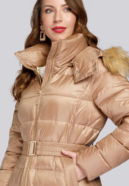 Damski płaszcz zimowy klasyczny z kapturem, beżowy, 93-9D-401-5-XL, Zdjęcie 7
