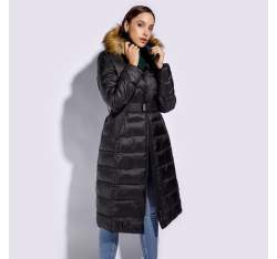 Damski płaszcz zimowy pikowany z kapturem, czarny, 95-9D-400-1-XS, Zdjęcie 1