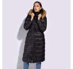 Damski płaszcz zimowy pikowany z kapturem, czarny, 95-9D-400-1-3XL, Zdjęcie 1