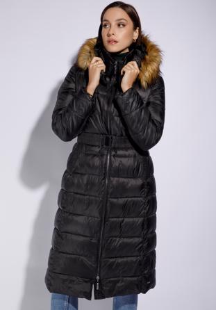 Damski płaszcz zimowy pikowany z kapturem, czarny, 95-9D-400-1-S, Zdjęcie 1