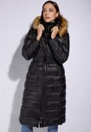 Damski płaszcz zimowy pikowany z kapturem, czarny, 95-9D-400-3-L, Zdjęcie 2