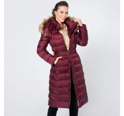 Damski płaszcz zimowy pikowany z kapturem, bordowy, 95-9D-400-3-XL, Zdjęcie 1