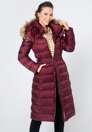 Damski płaszcz zimowy pikowany z kapturem, bordowy, 95-9D-400-3-S, Zdjęcie 1