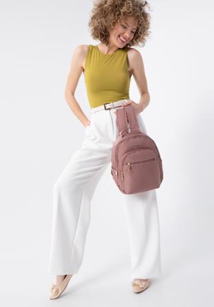 Damski plecak nylonowy z kieszeniami bocznymi, różowy, 98-4Y-105-P, Zdjęcie 1