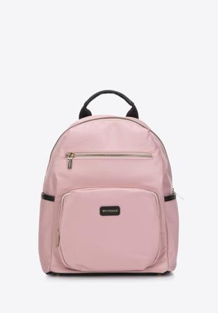 Women's nylon backpack with front pockets, pink, 97-4Y-105-P, Photo 1