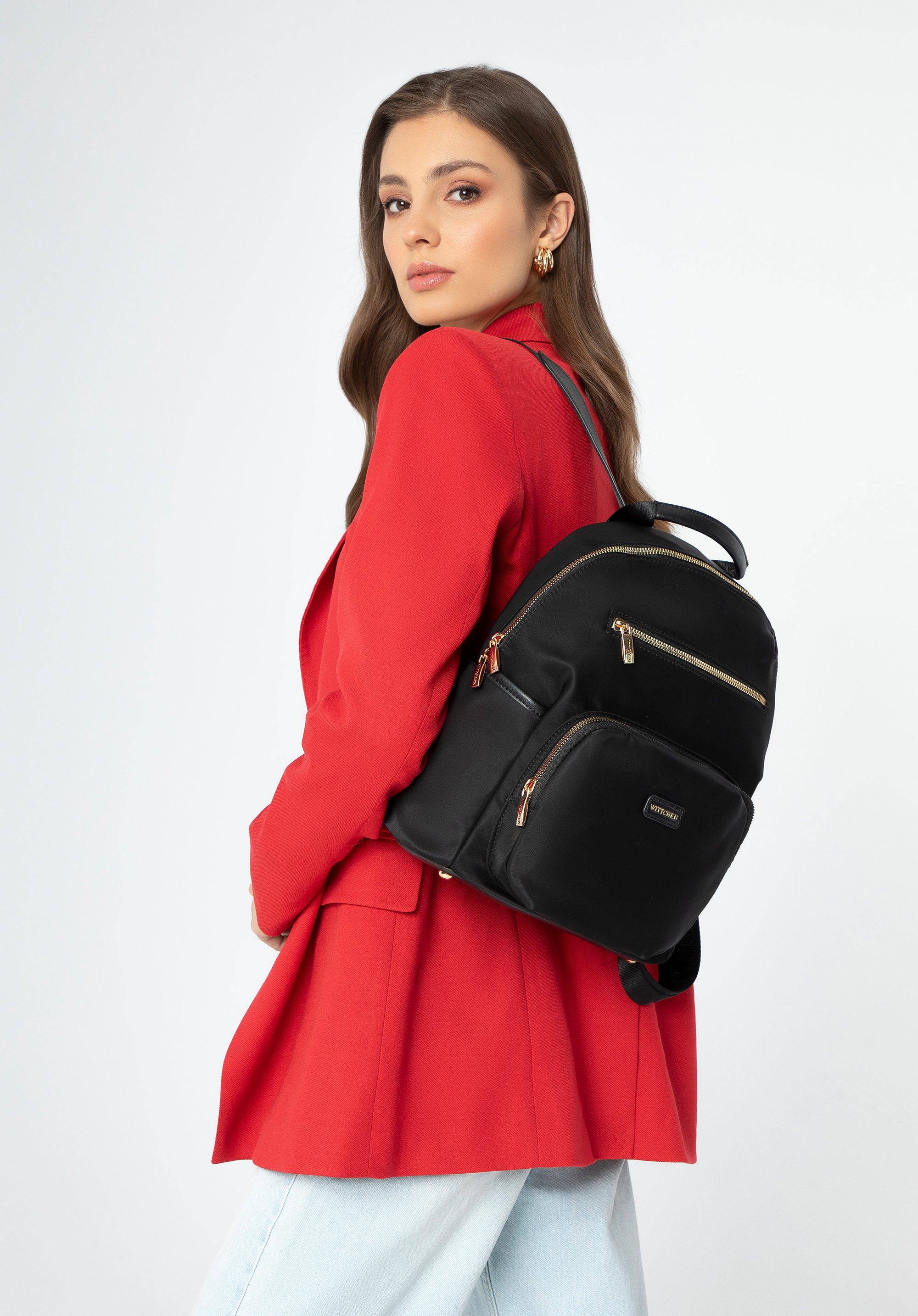 Women's nylon backpack with front pockets, black, 97-4Y-105-1, Photo 1