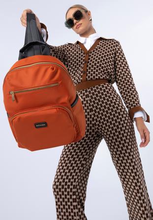 Women's nylon backpack with front pockets, orange, 97-4Y-105-6, Photo 1
