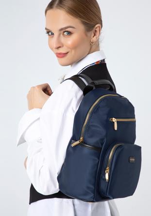 Women's nylon backpack with front pockets, navy blue, 97-4Y-105-7, Photo 1