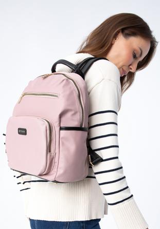 Damski plecak nylonowy z kieszeniami z przodu, różowy, 97-4Y-105-P, Zdjęcie 1