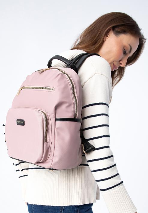 Damski plecak nylonowy z kieszeniami z przodu, różowy, 97-4Y-105-P, Zdjęcie 15