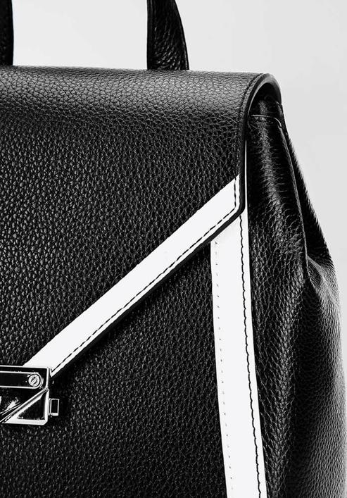Damski plecak skórzany z kopertową klapą, czarno-biały, 92-4E-312-7, Zdjęcie 4