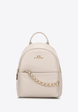 Women's small leather backpack with chain detail, light beige, 98-4E-618-9, Photo 1
