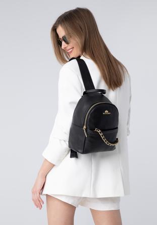 Women's small leather backpack with chain detail, black, 98-4E-618-1, Photo 1