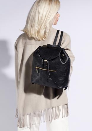 Women's leather monogram backpack purse, black, 96-4E-606-1, Photo 1