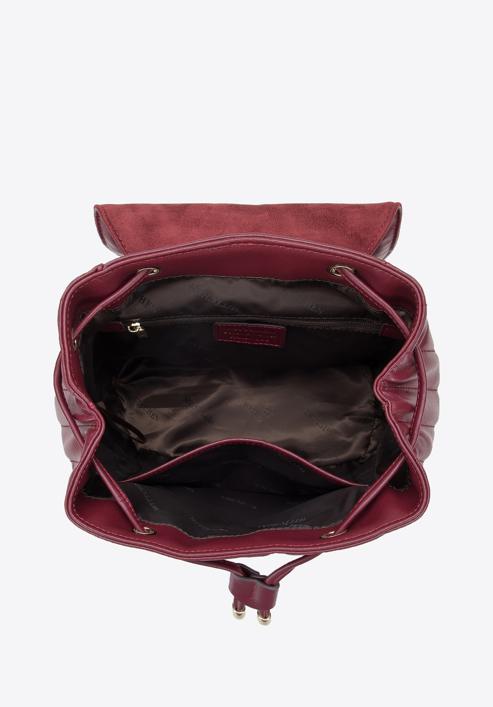 Damski plecak worek skórzany z podłużnym pikowaniem, ciemny czerwony, 96-4E-619-1, Zdjęcie 3