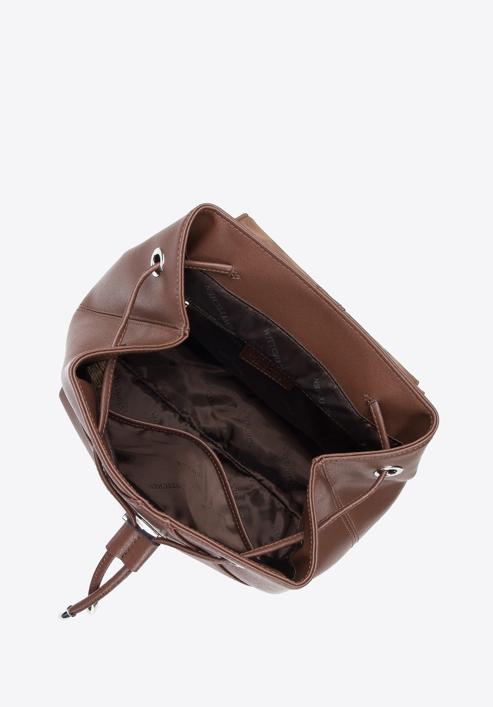 Damski plecak worek skórzany z przeszyciami, ciemny brąz, 95-4E-623-1, Zdjęcie 3