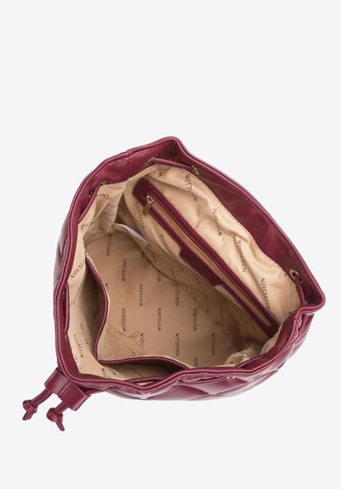 Damski plecak worek z geometrycznie pikowanej ekoskóry, wiśniowy, 97-4Y-611-N, Zdjęcie 3