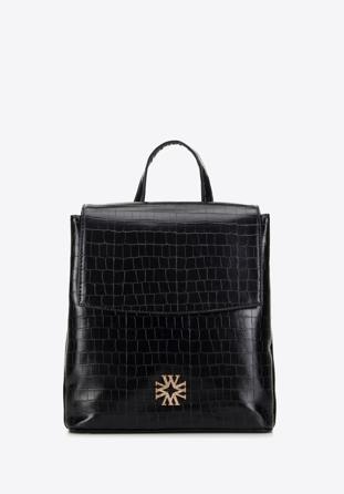 Women's croc faux leather backpack, black, 29-4Y-019-B1, Photo 1