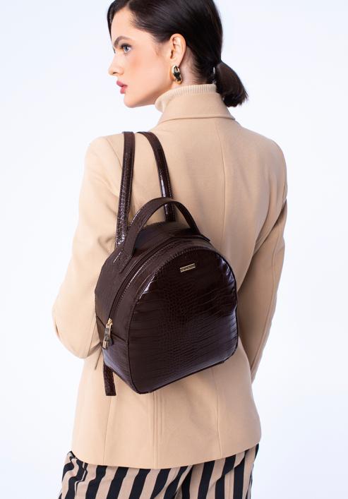 Croc-print faux leather backpack, dark brown, 29-4Y-013-1, Photo 15