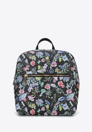 Women's faux leather backpack purse with floral print, black, 96-4Y-202-1, Photo 1