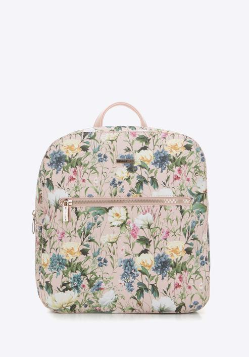 Women's faux leather backpack purse with floral print, light pink, 98-4Y-201-0, Photo 1