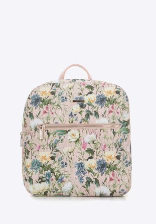 Women's faux leather backpack purse with floral print, light pink, 98-4Y-201-P, Photo 1