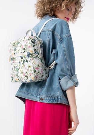 Women's faux leather backpack purse with floral print, white, 98-4Y-201-0, Photo 1