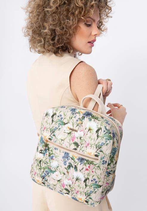 Women's faux leather backpack purse with floral print, light beige, 98-4Y-201-9, Photo 15