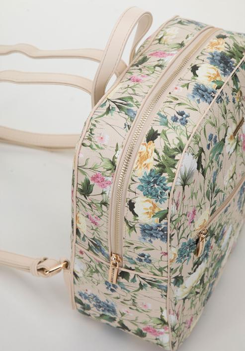 Damski plecak z ekoskóry w kwiaty prosty, jasny beż, 98-4Y-201-0, Zdjęcie 4