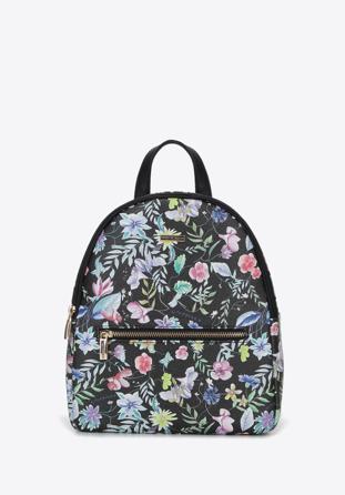 Women's faux leather backpack purse with floral print, black, 96-4Y-205-1, Photo 1