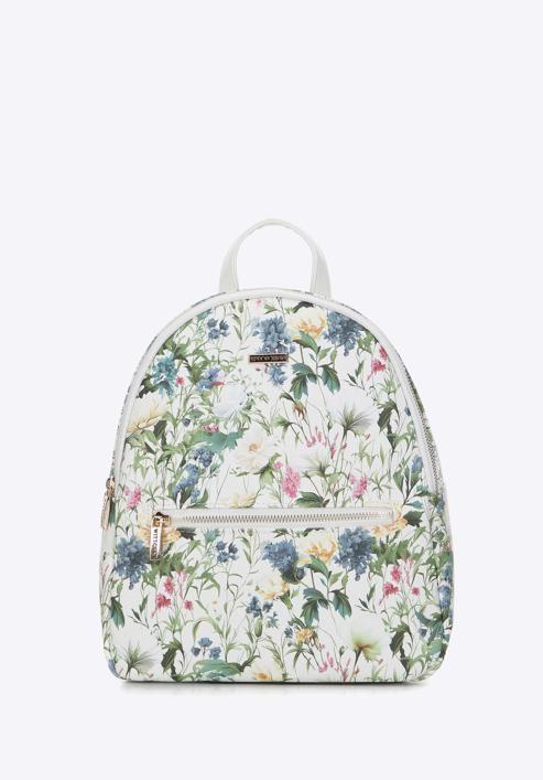 Women's faux leather backpack purse with floral print, white, 98-4Y-204-1, Photo 1