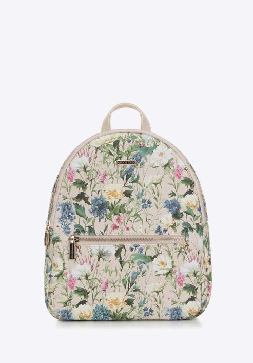 Women's faux leather backpack purse with floral print, light beige, 98-4Y-204-0, Photo 1
